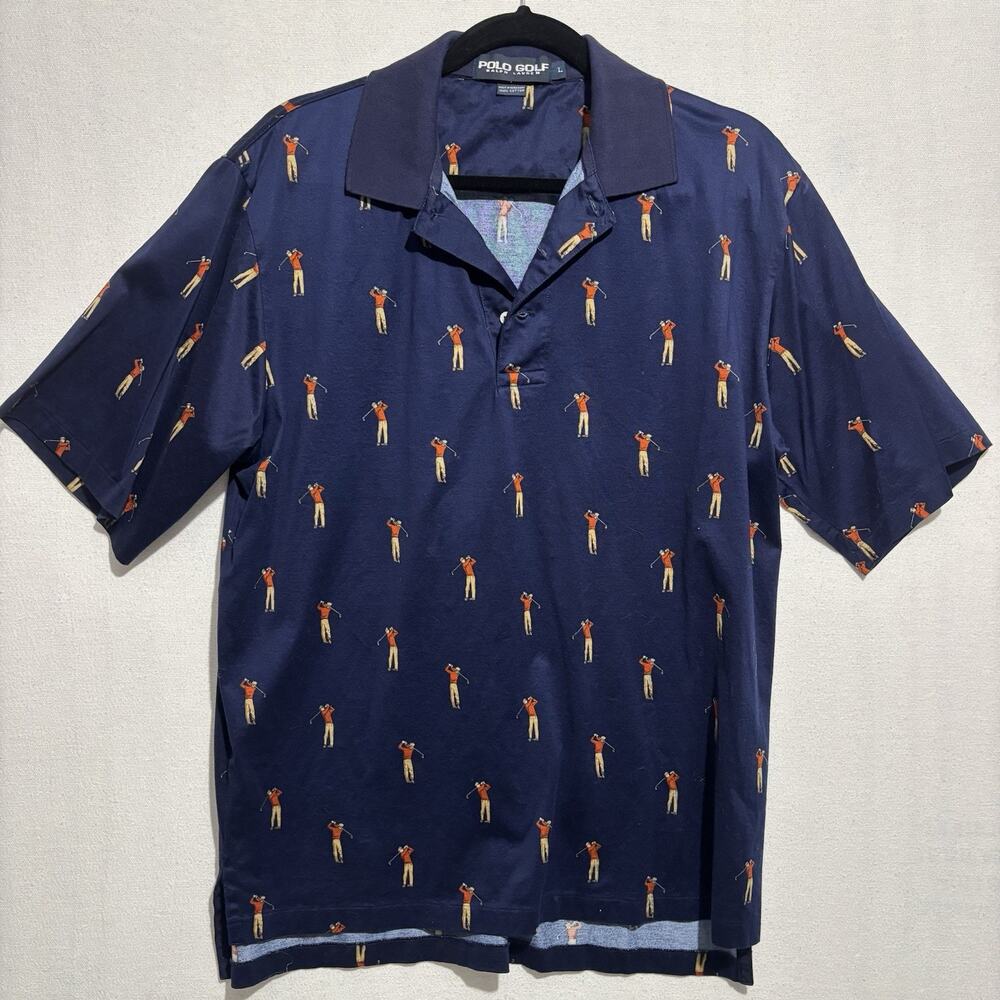 Polo Ralph Lauren Golf Shirt Mens Large Blue AOP VTG Preppy Casual Designercore